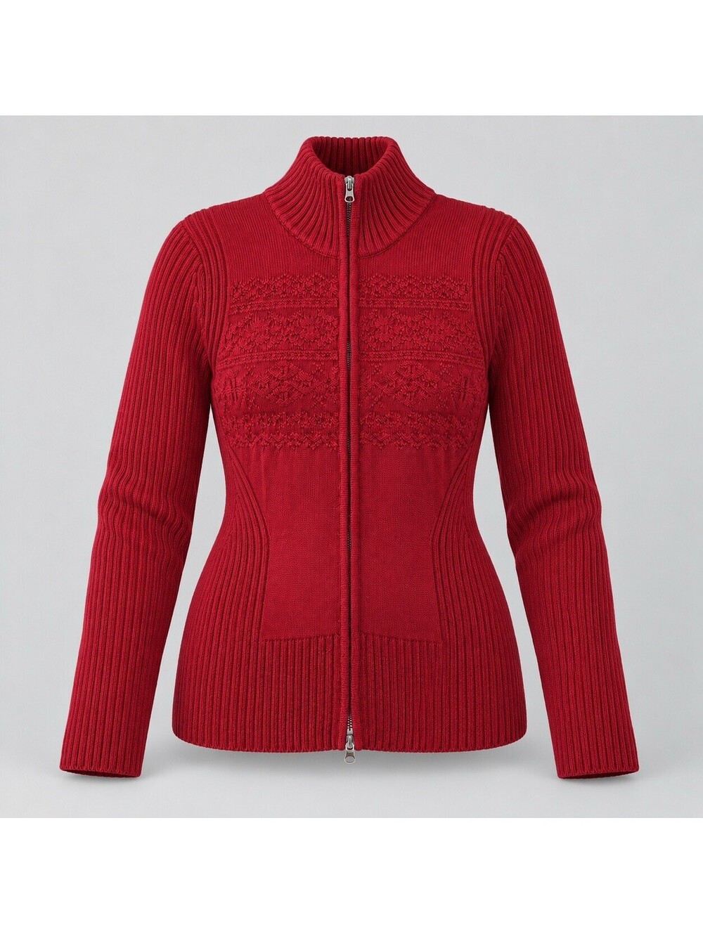 Eddie Bauer Red Fair Aisle Knit Design High Neck Cardigan Full Zip Sweater Sz M